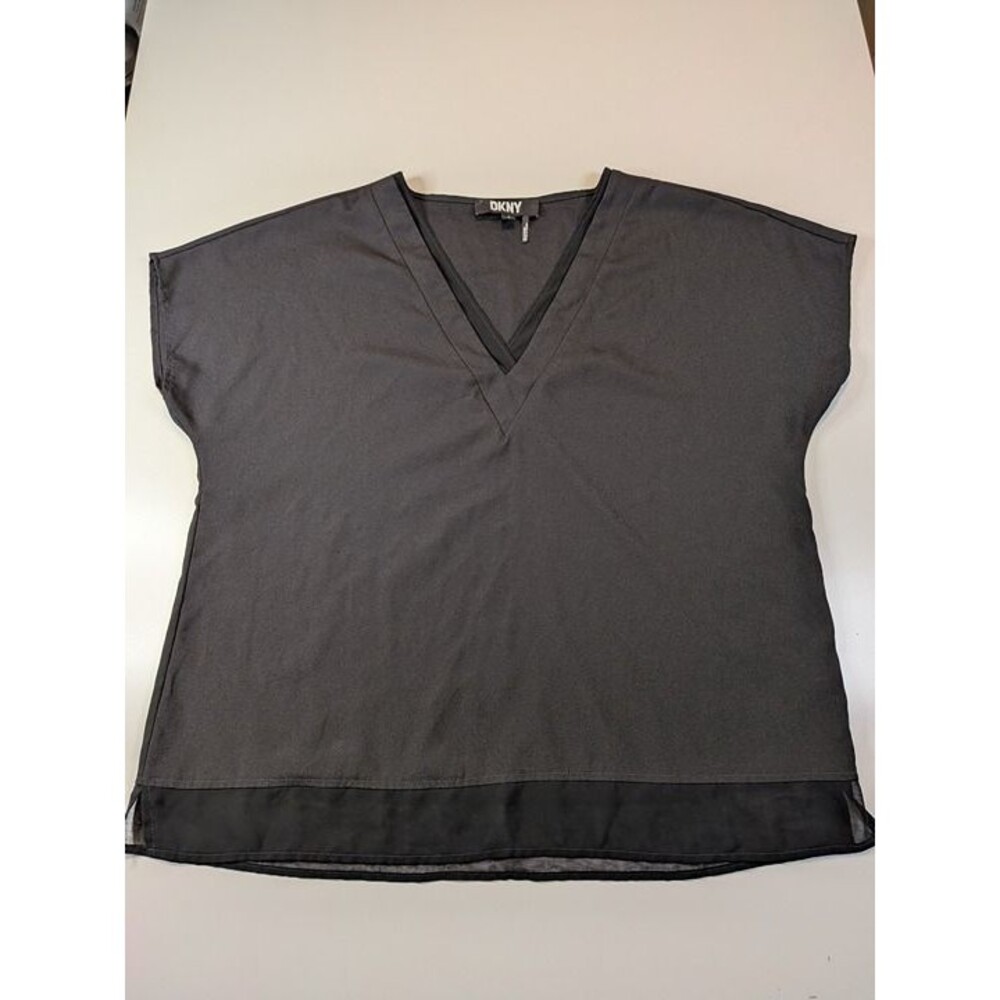 DKNY Womens Medium Black V-Neck Blouse Sheer Hem Short Sleeve Top